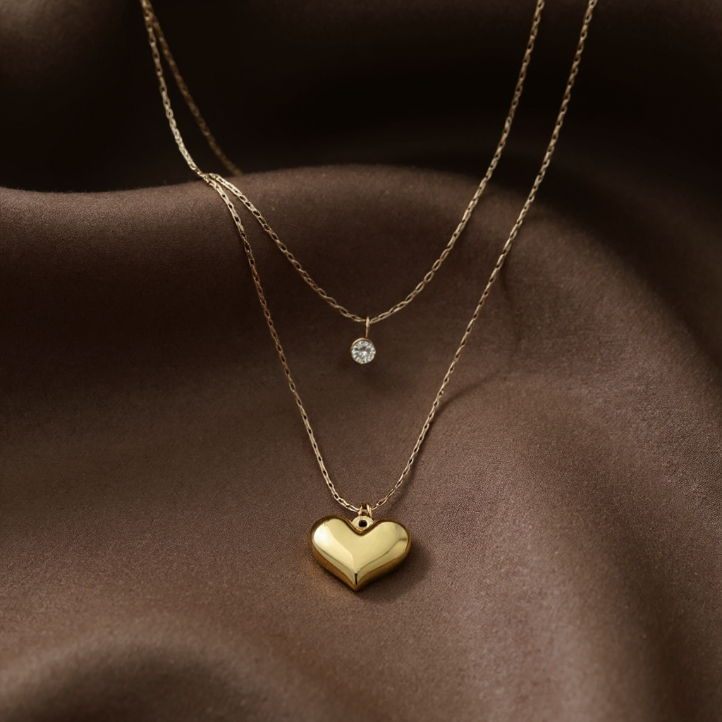 2 Layered Heart & Diamond Pendant Necklace