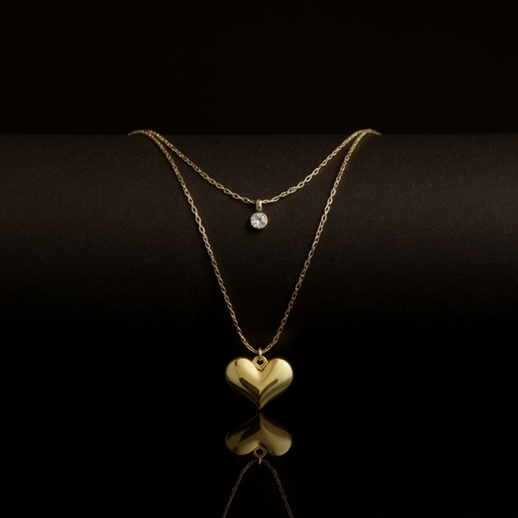 2 Layered Heart & Diamond Pendant Necklace