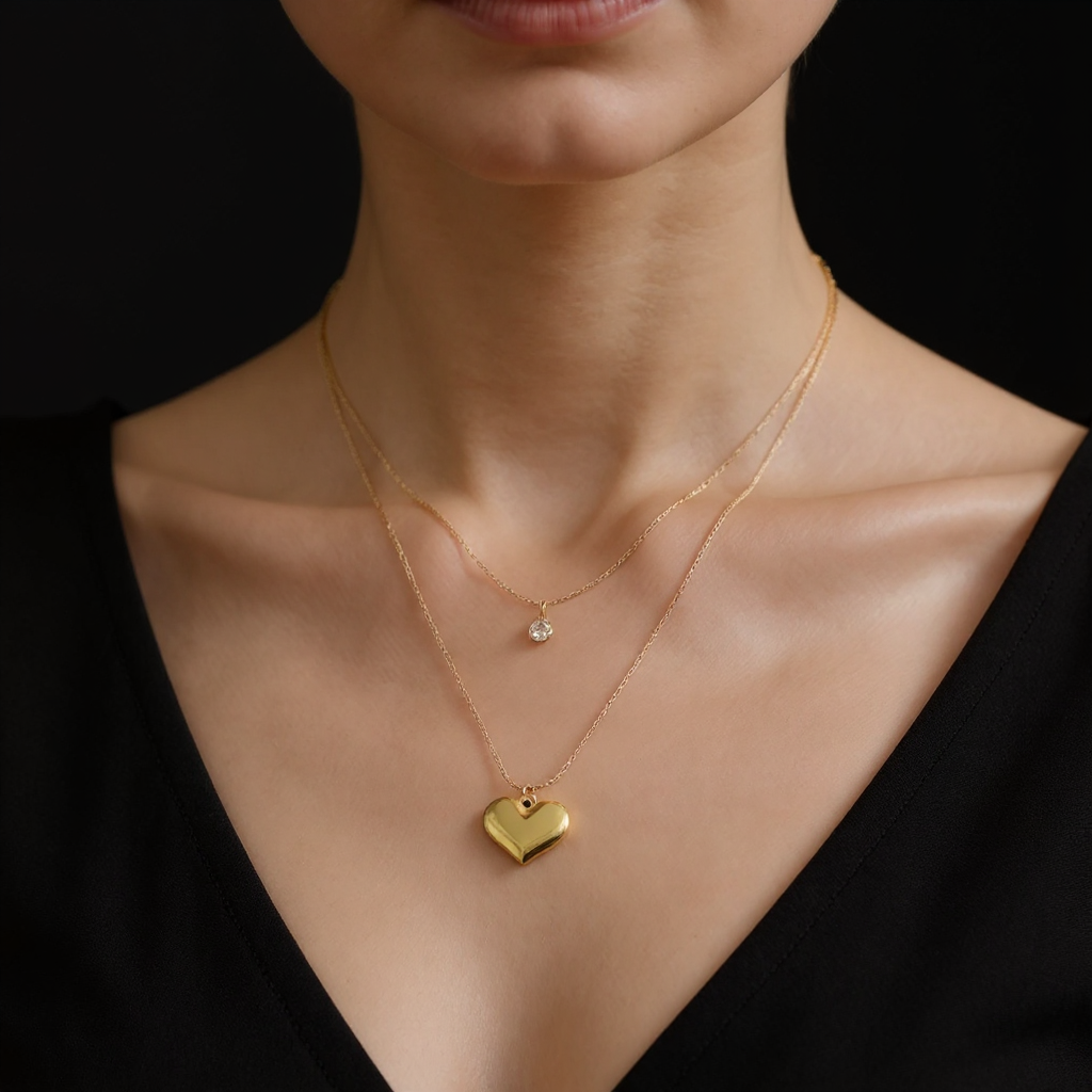 2 Layered Heart & Diamond Pendant Necklace