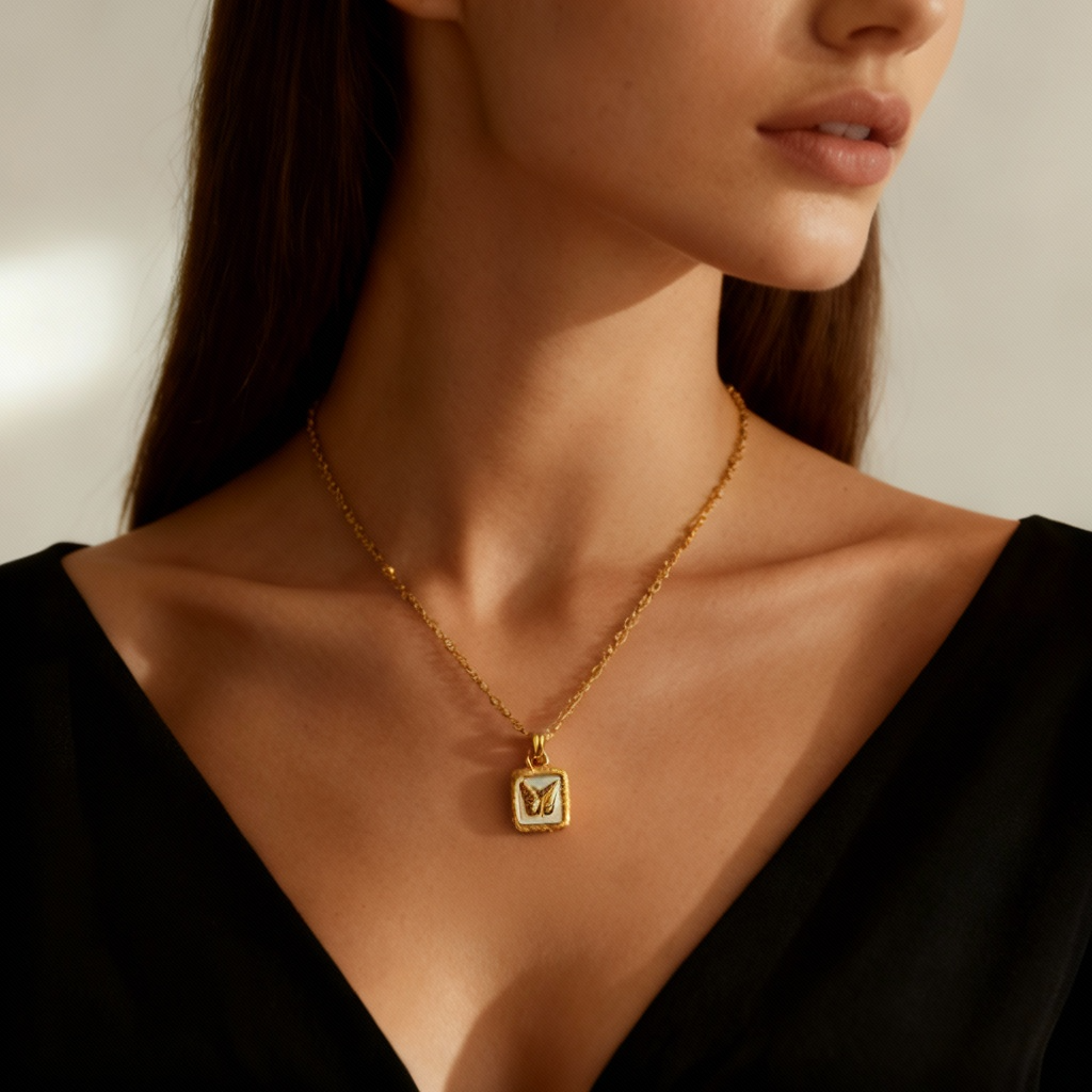 Butterfly Embossed Gold Accent Necklace